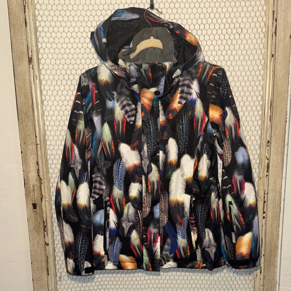 Roxy Black hooded ski jacket with feather print
